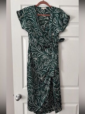 Green Floral Wrap Dress with White Outline Print